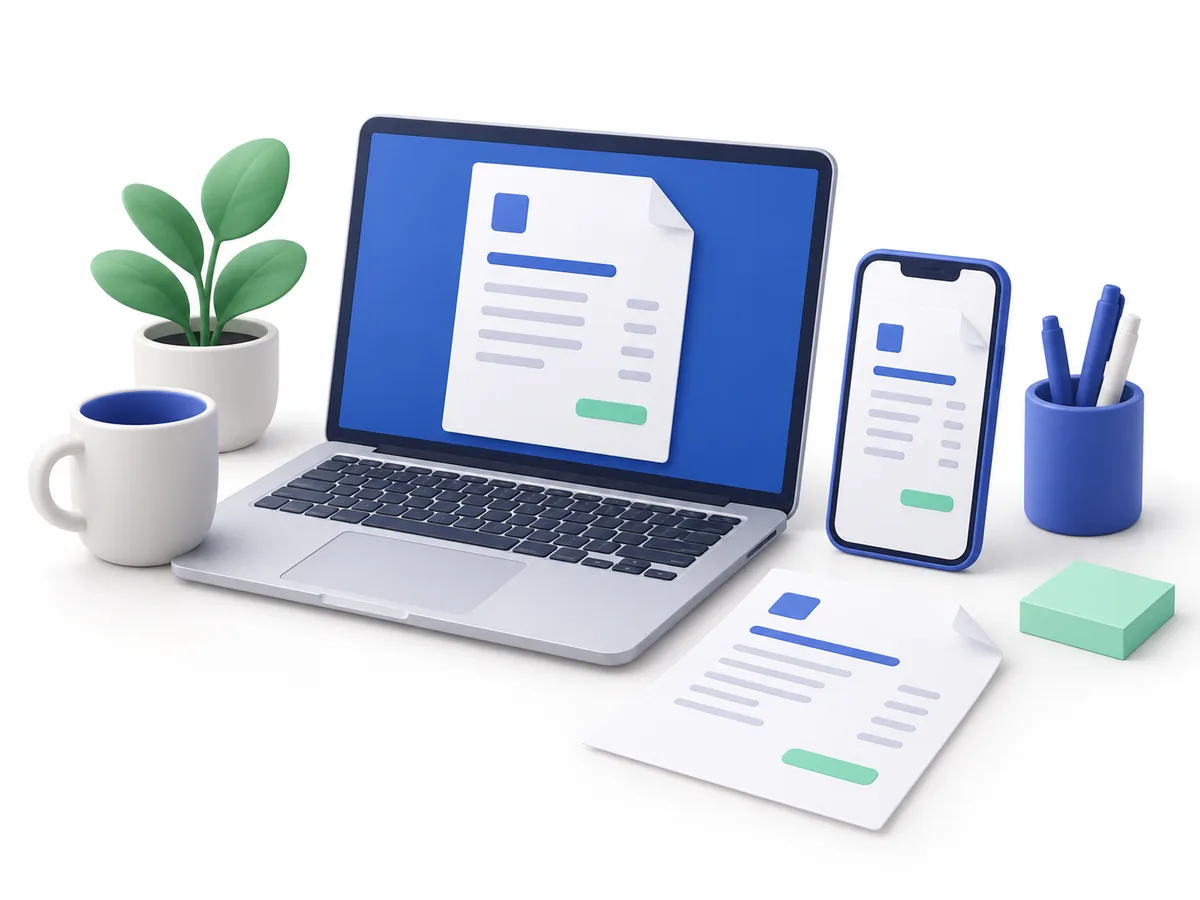 Illustratie van facturen op een laptop en smartphone.