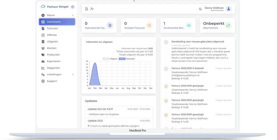 Dashboard van Factuur Simpel op een laptop met openstaande en vervallen facturen, een grafiek van inkomsten en uitgaven per maand en recente factuuractiviteit
